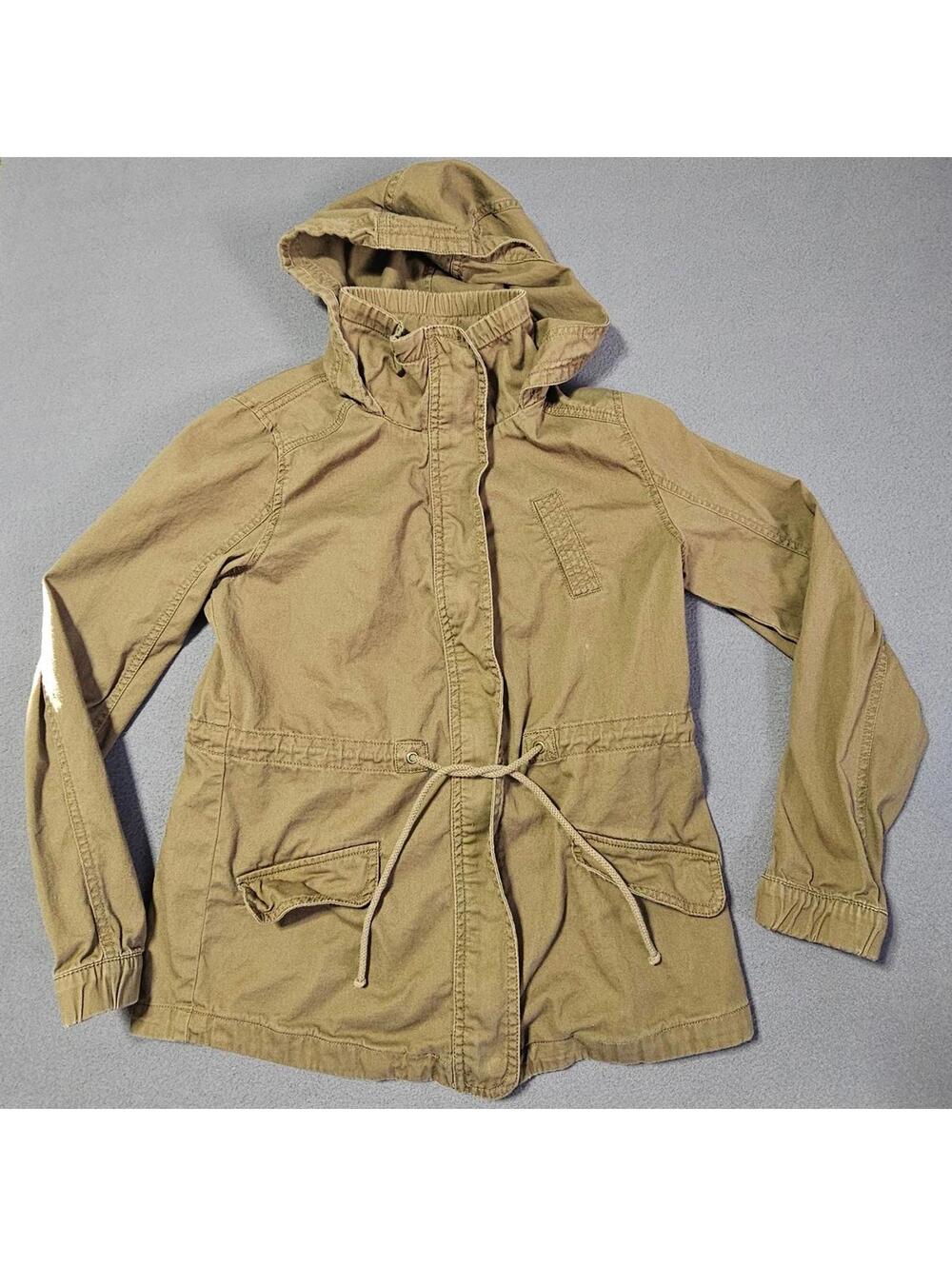 Army Style Jacket Hooded Womens Medium Y2K Style Greenish Brown Cinch Waist